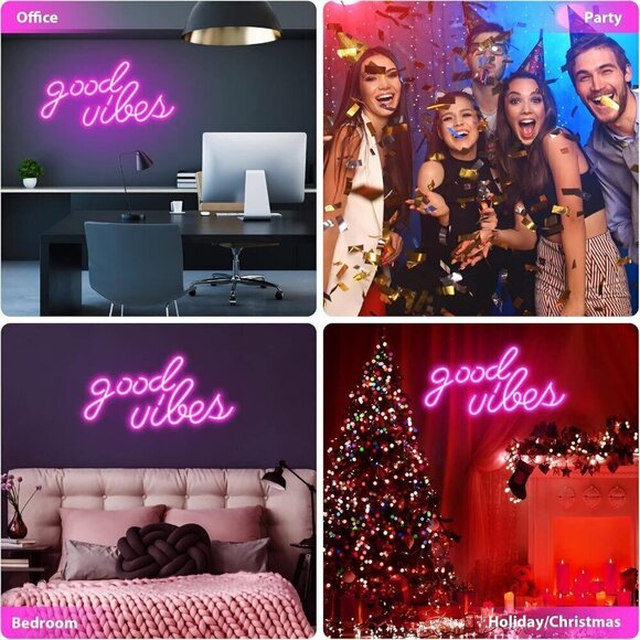 Neon Sign Pink Good Vibes Led Lights for Bedroom, Wall Decor (16.1 x 8.3 inch) - Picture 6 of 8